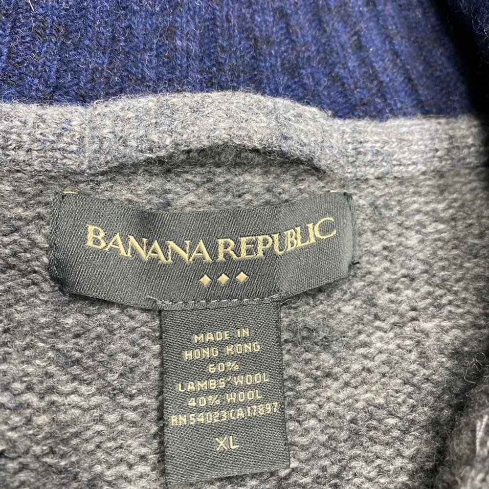 Banana Republic Sweater Mens XL Grey Blue Striped Lambswool Quarter Zip Knit